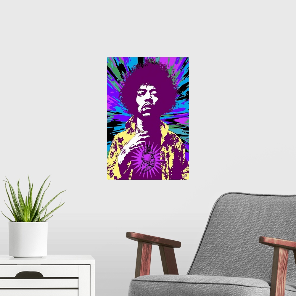 A modern room featuring Jimi Hendrix Zombie Purple Heart