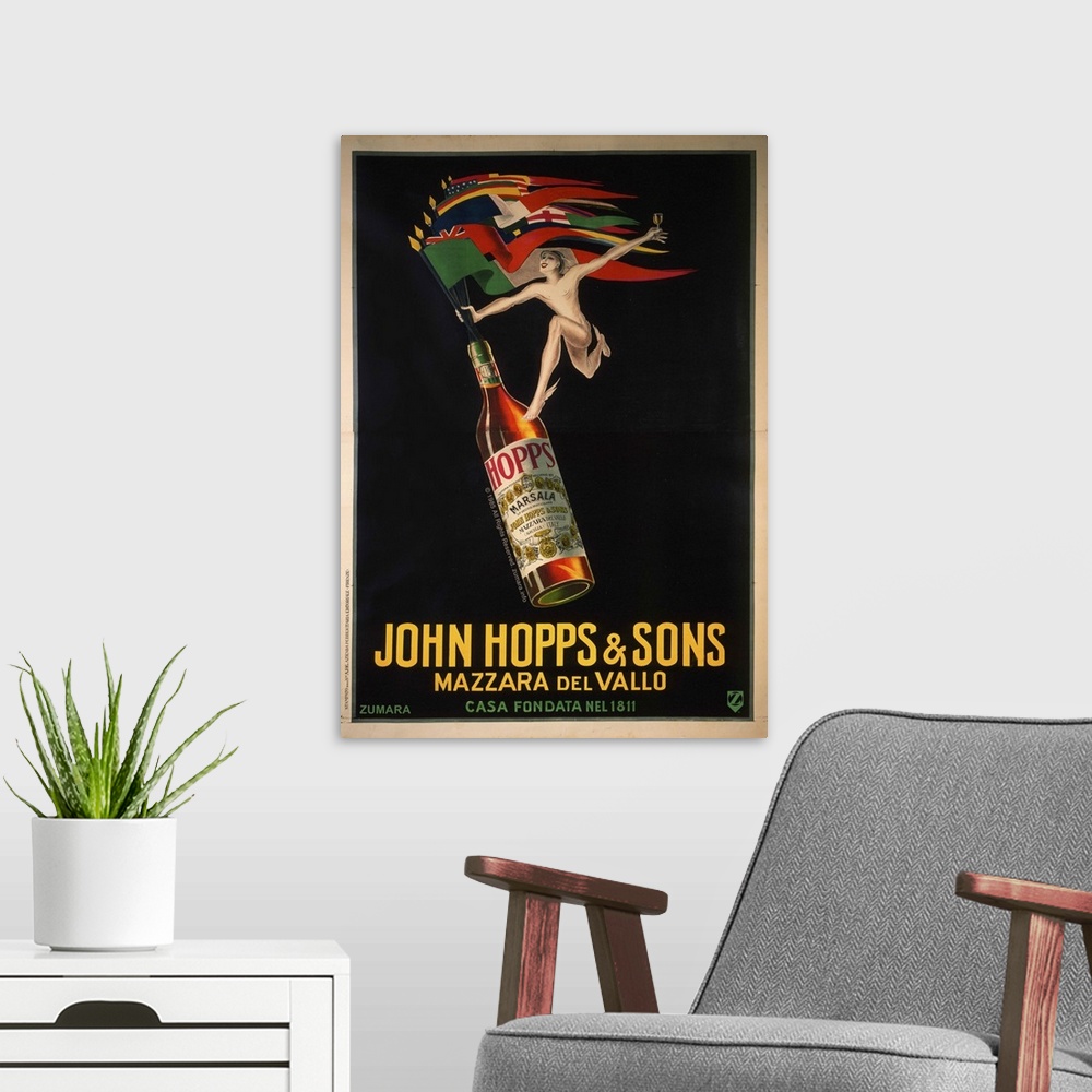 A modern room featuring Vintage poster of a bottle filled with liquid and country flags sticking out from the top. A pers...