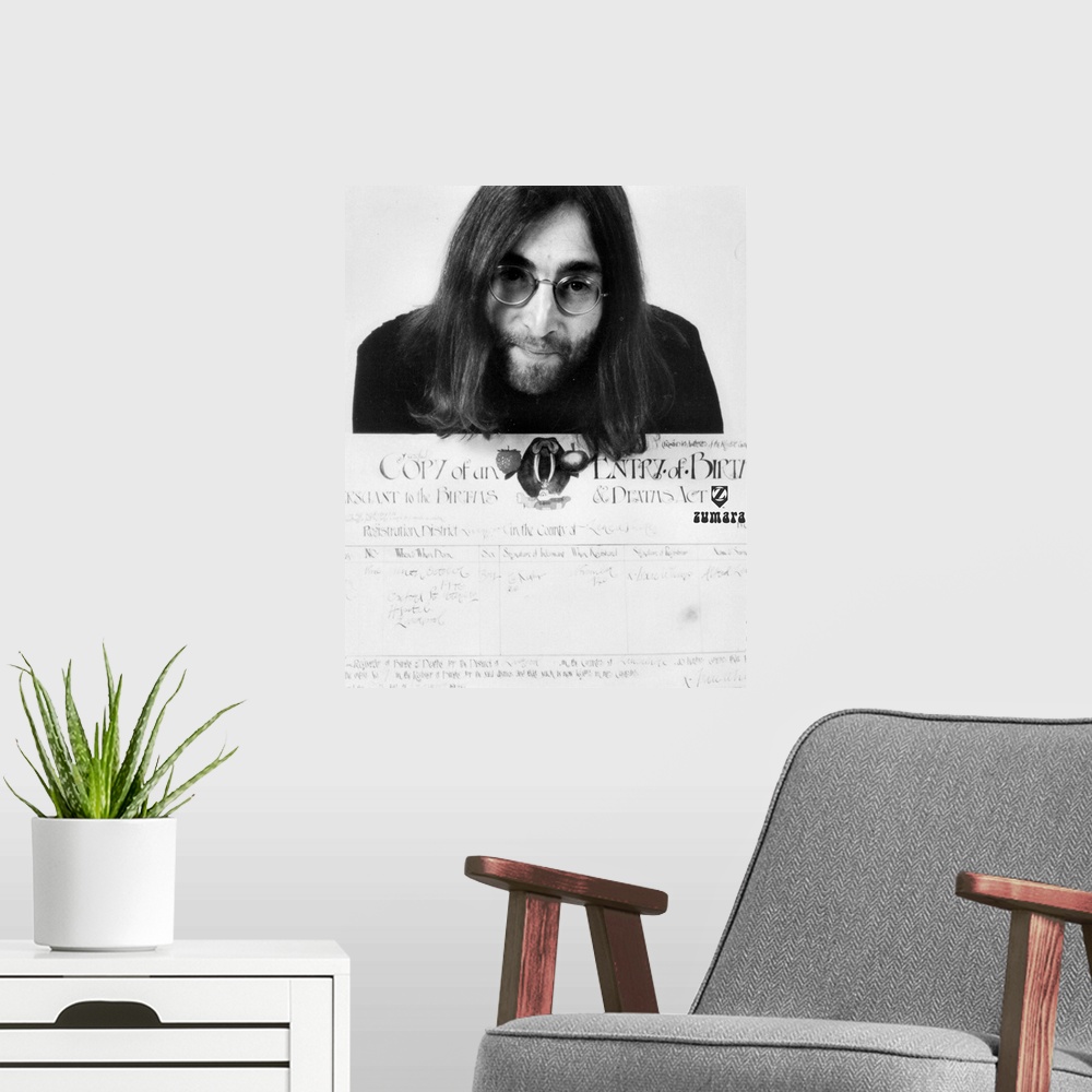 A modern room featuring John Lennon Certificate