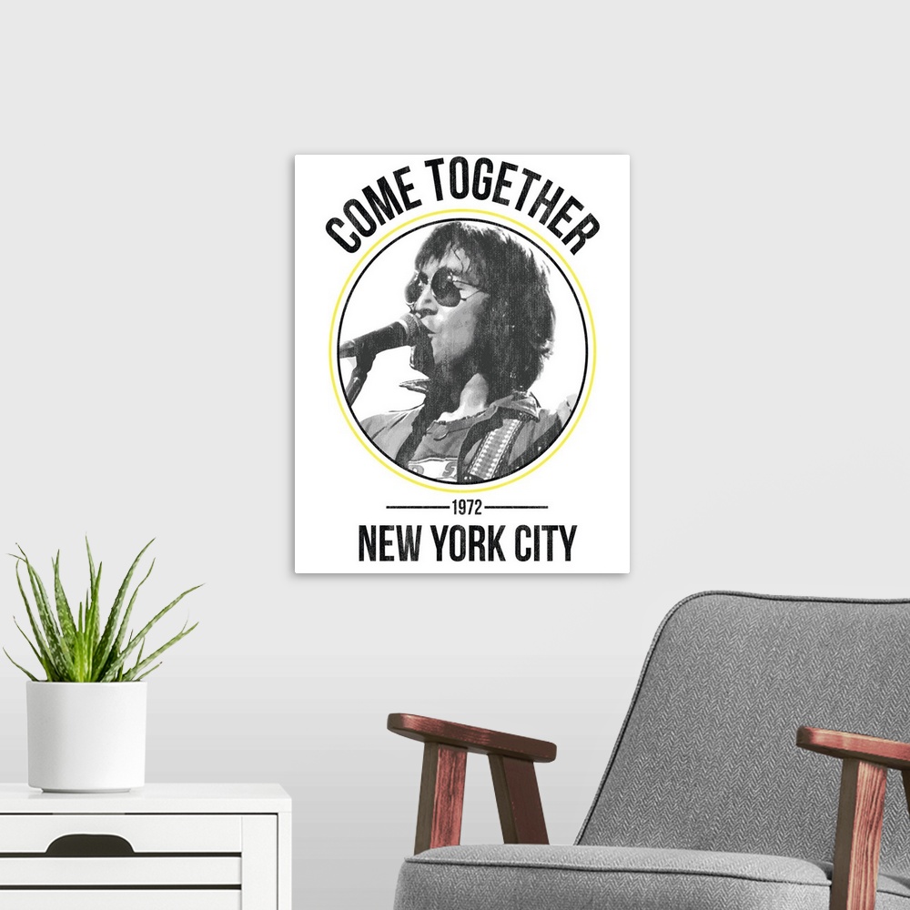 A modern room featuring Come Together tour poster from New York City in 1972 with a black and white photograph of John Le...