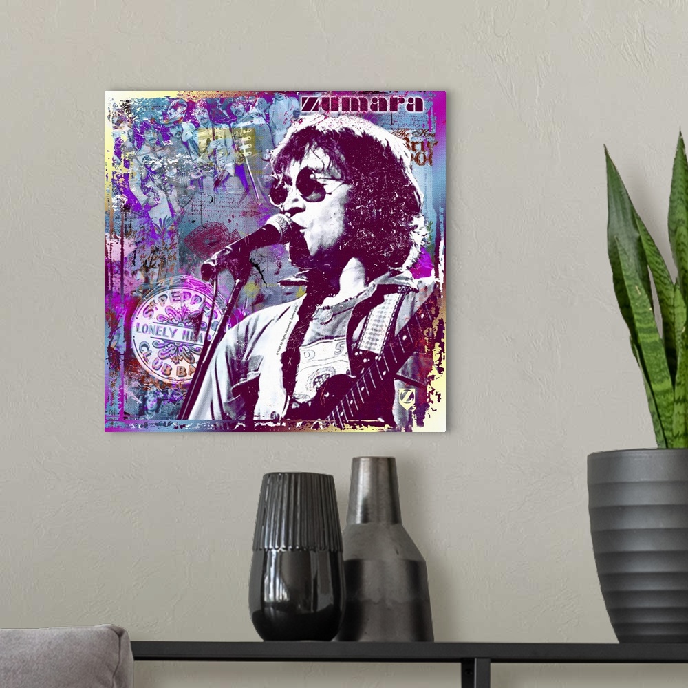 A modern room featuring Big square wall hanging of a bust image of Jon Lennon, holding a guitar as he sings into a microp...