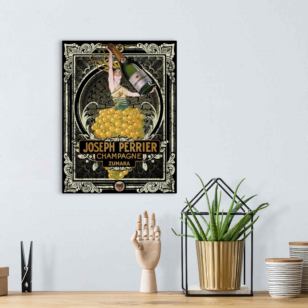 A bohemian room featuring Vintage poster of a person holding up a life size bottle of champagne as they stand in a bushel o...