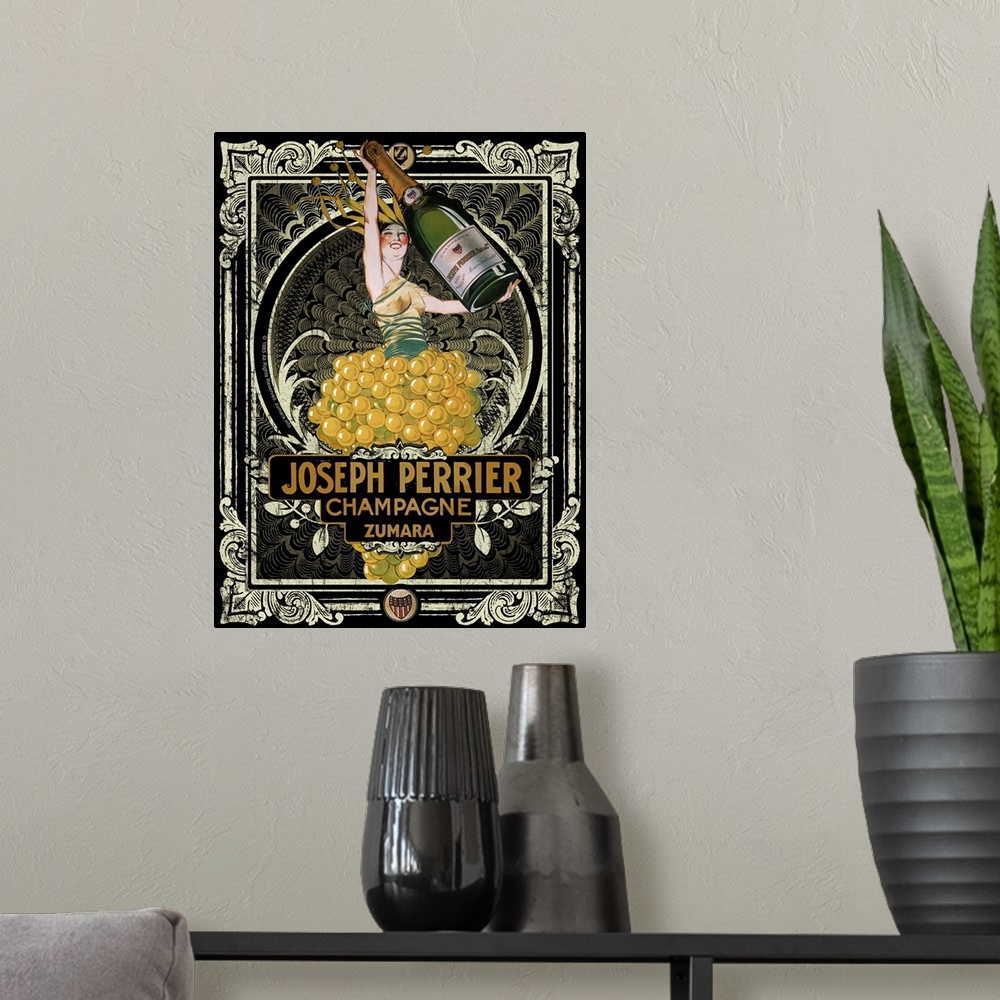 A modern room featuring Vintage poster of a person holding up a life size bottle of champagne as they stand in a bushel o...