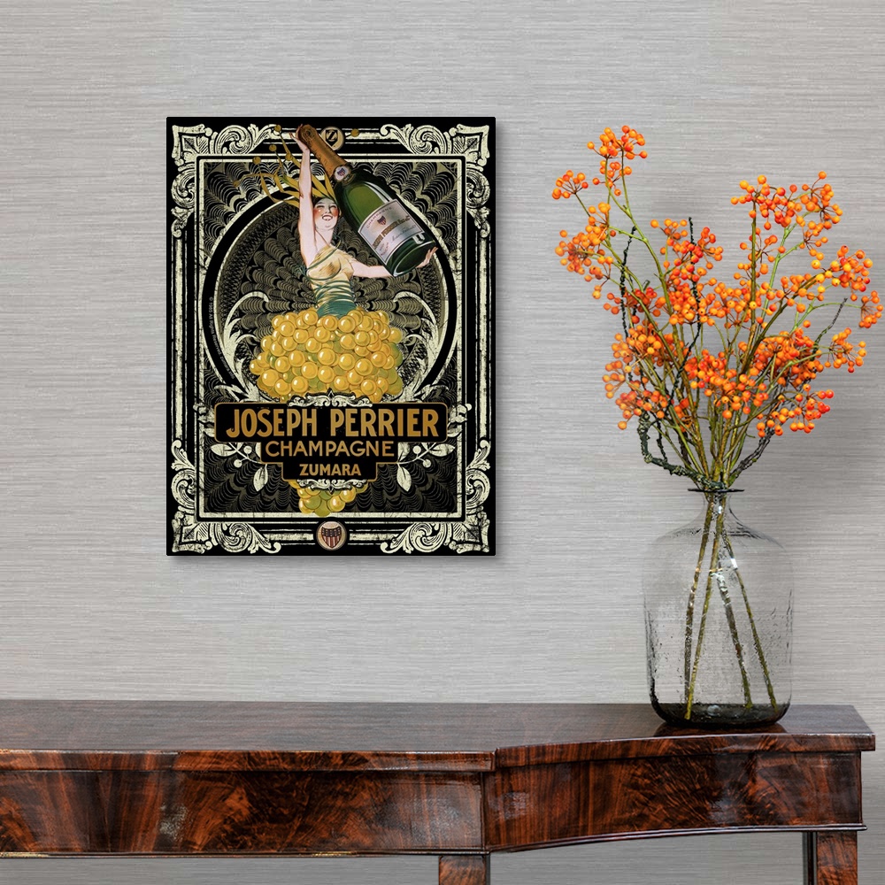 A traditional room featuring Vintage poster of a person holding up a life size bottle of champagne as they stand in a bushel o...