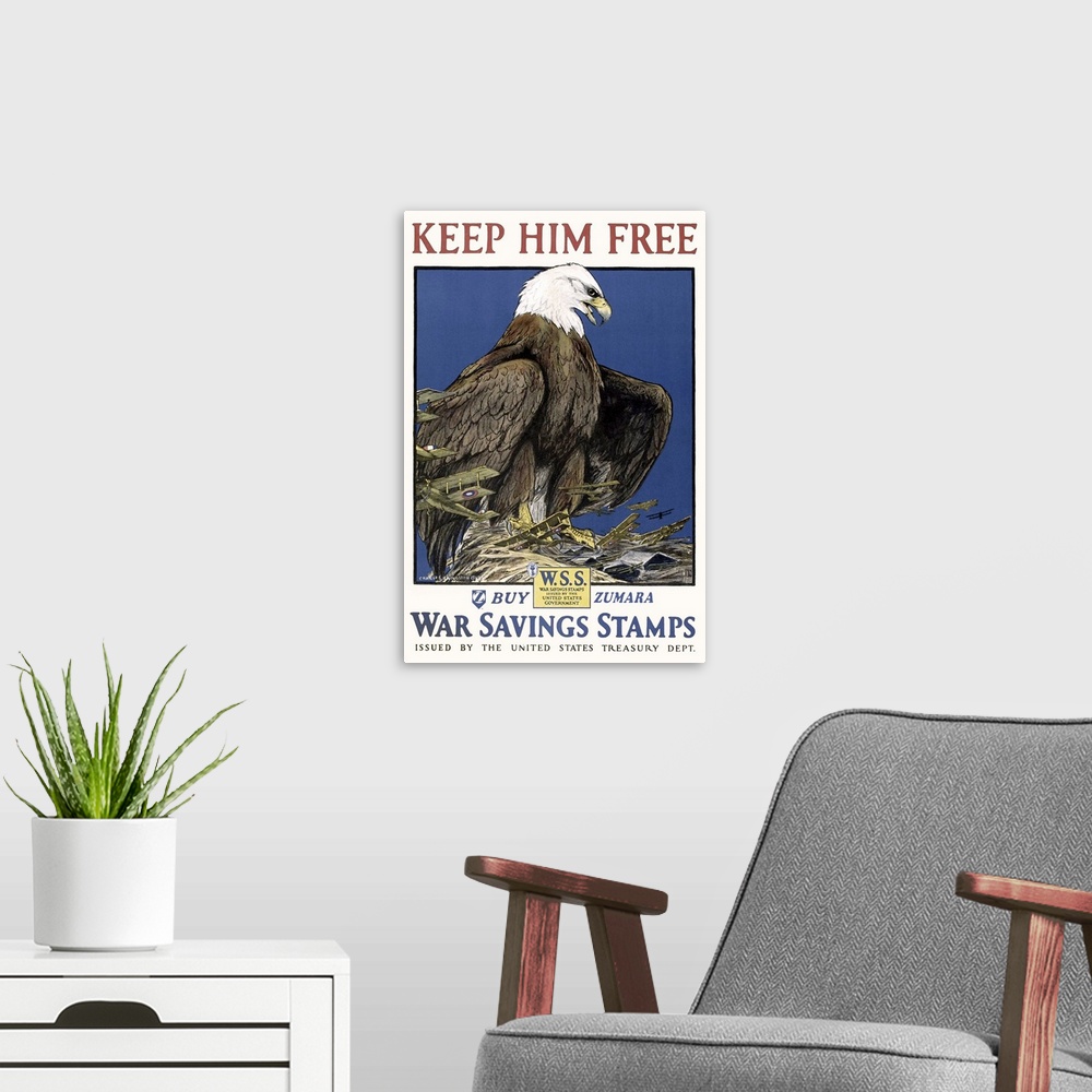 A modern room featuring Keep Him Free WWI