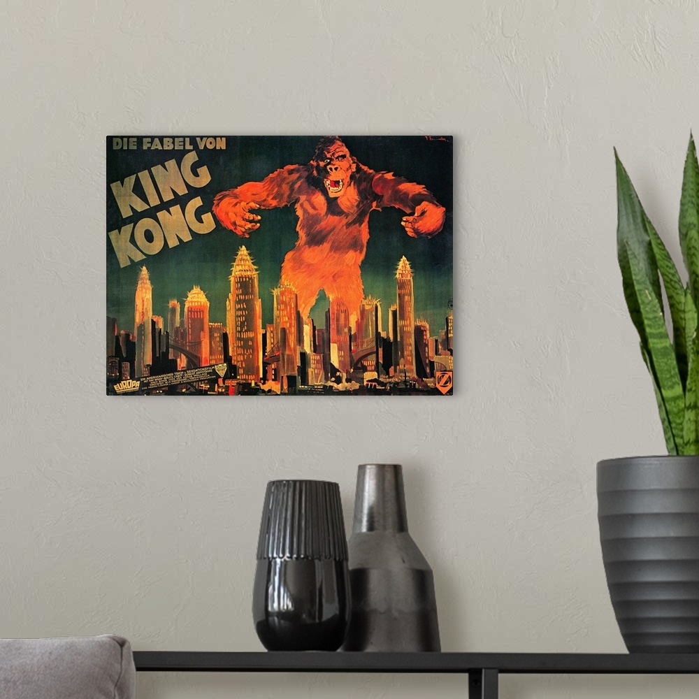 A modern room featuring Large landscape vintage artwork of King Kong, as the large ape towers over the skyscrapers in a c...