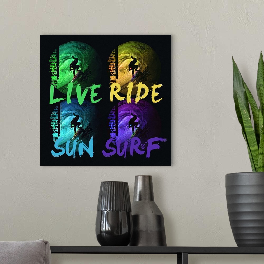 A modern room featuring Live Ride Sun Surf
