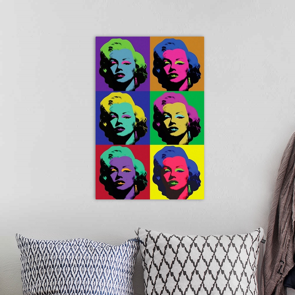 A bohemian room featuring Pop art style squares of Marilyn Monroe stacked together vertically in various vibrant hues.
