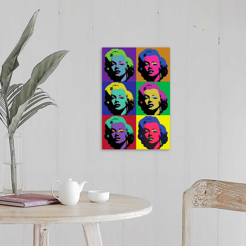 A farmhouse room featuring Pop art style squares of Marilyn Monroe stacked together vertically in various vibrant hues.