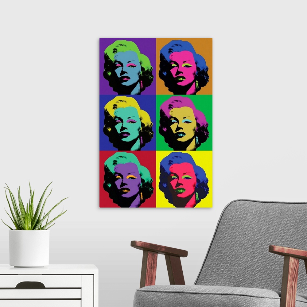 A modern room featuring Pop art style squares of Marilyn Monroe stacked together vertically in various vibrant hues.