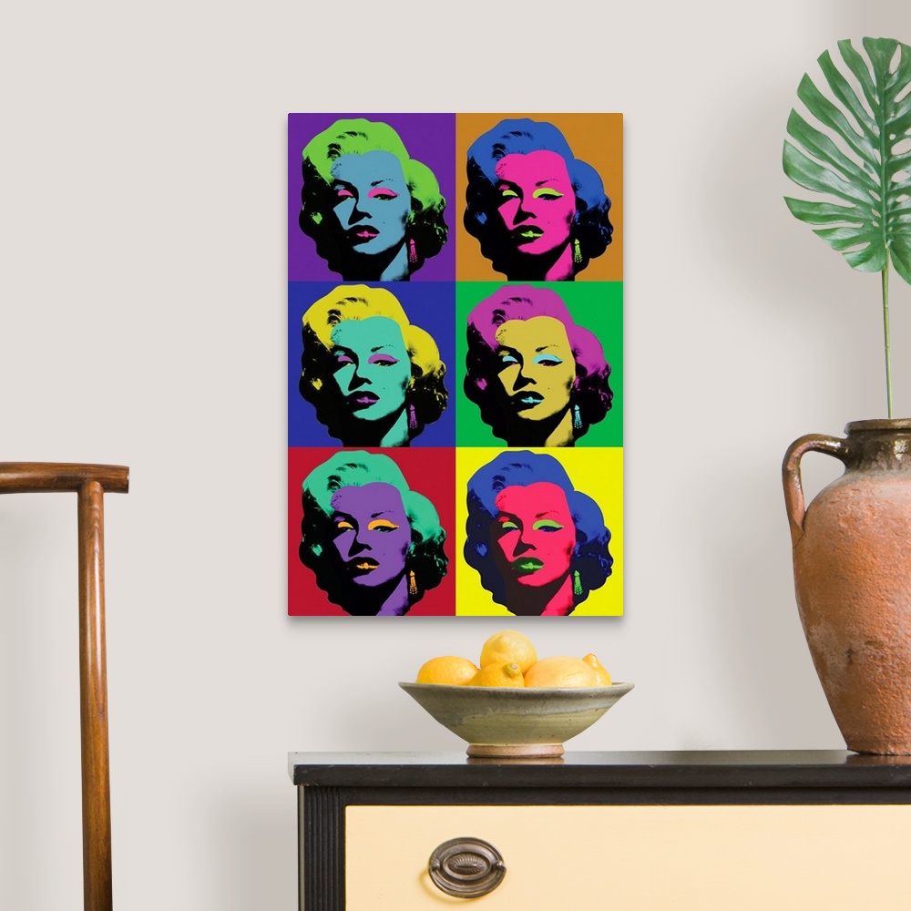 A traditional room featuring Pop art style squares of Marilyn Monroe stacked together vertically in various vibrant hues.
