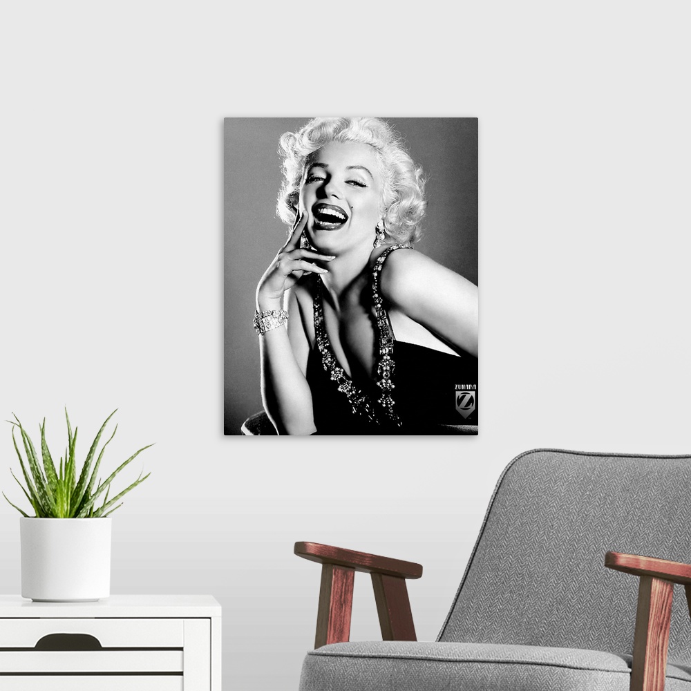 A modern room featuring Portrait photograph of American actress, model, singer, and sex symbol Norma Jeane Mortenson.