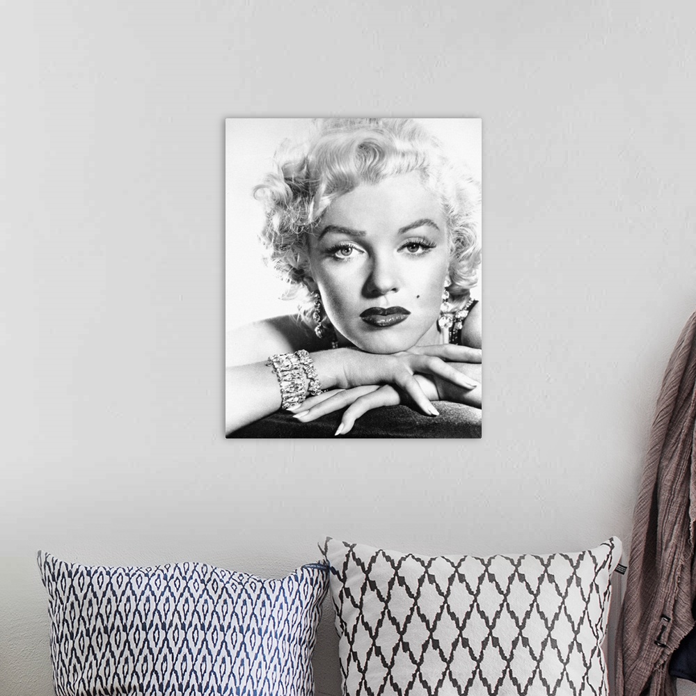 A bohemian room featuring This is a monochromatic portrait photograph from the shoulders up of the Hollywood Icon wearing m...
