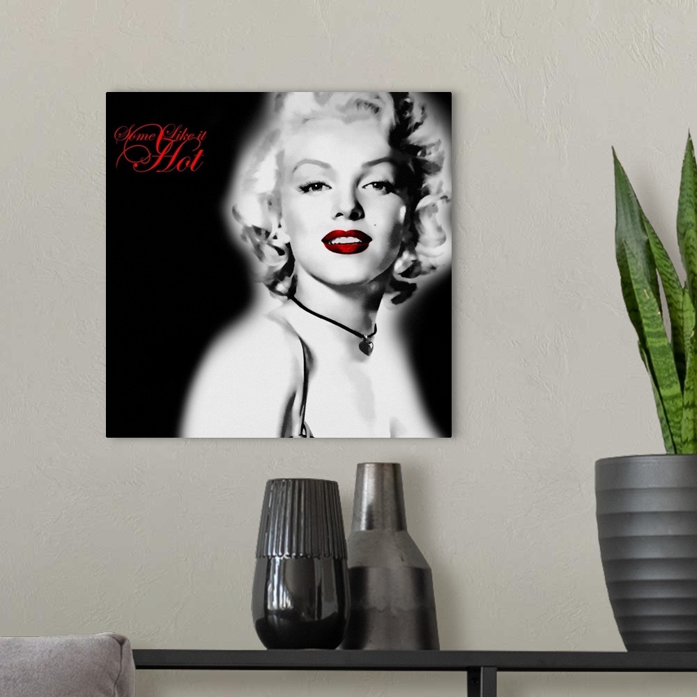 A modern room featuring Photograph of American actress, model, and singer Norma Jeane Mortenson with one of her hit song ...