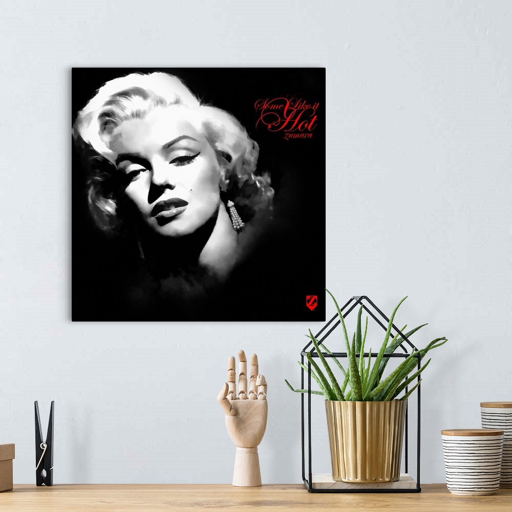 A bohemian room featuring Square wall art of Marilyn Monroe with a close up of her face with a dark background behind her.