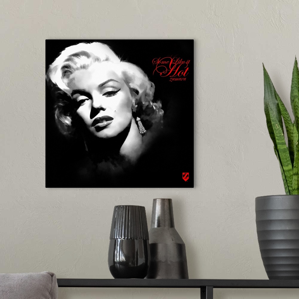 A modern room featuring Square wall art of Marilyn Monroe with a close up of her face with a dark background behind her.