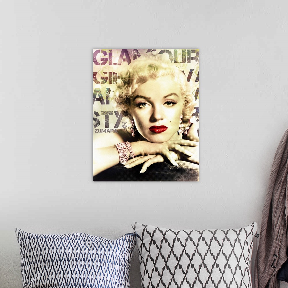 A bohemian room featuring Vertical, giant wall hanging of Marilyn Monroe with her chin resting on her hands, wearing jewele...