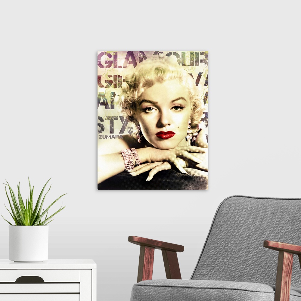 A modern room featuring Vertical, giant wall hanging of Marilyn Monroe with her chin resting on her hands, wearing jewele...