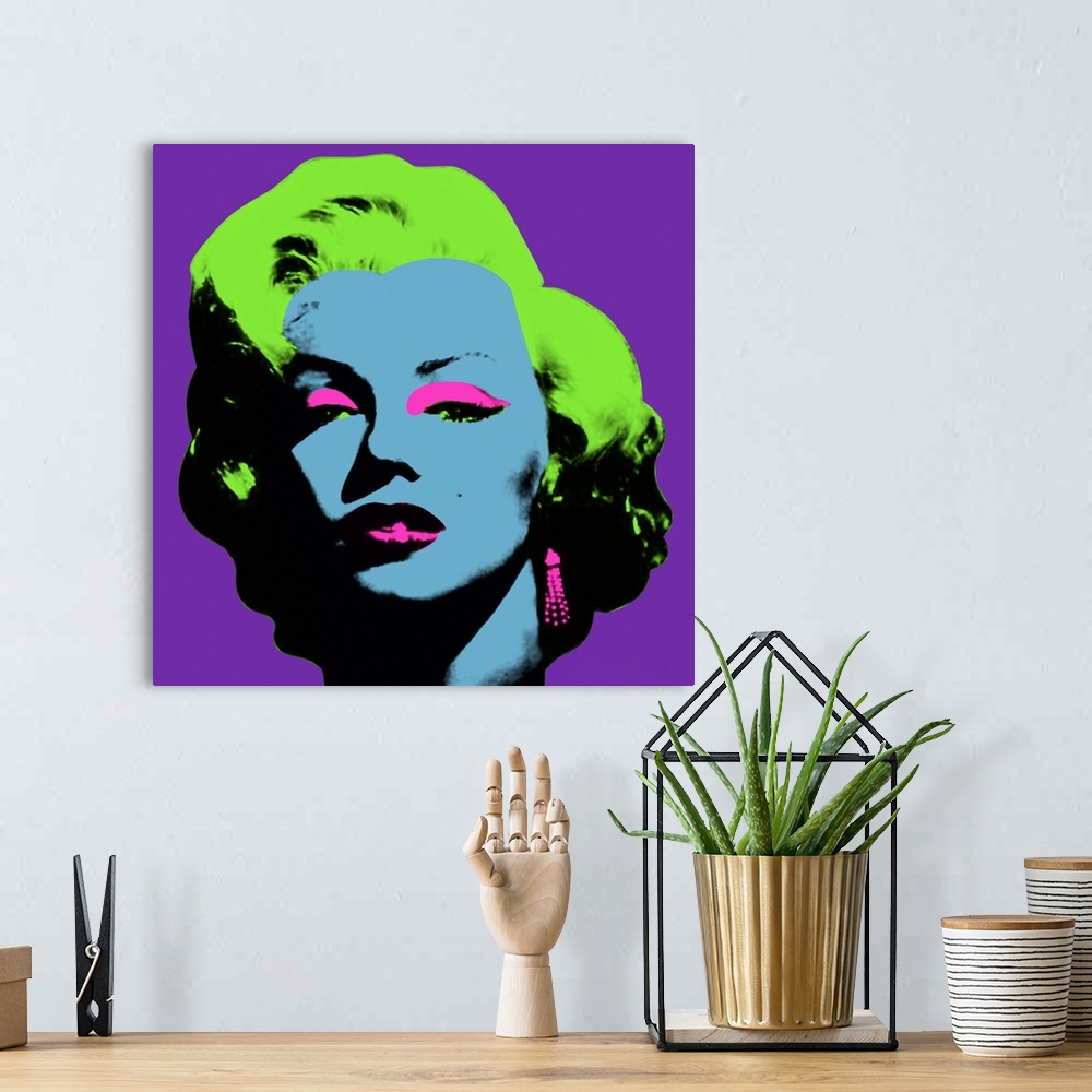A bohemian room featuring A picture of Marilyn Monroe is re-created using bright colors for her skin, make up and hair.