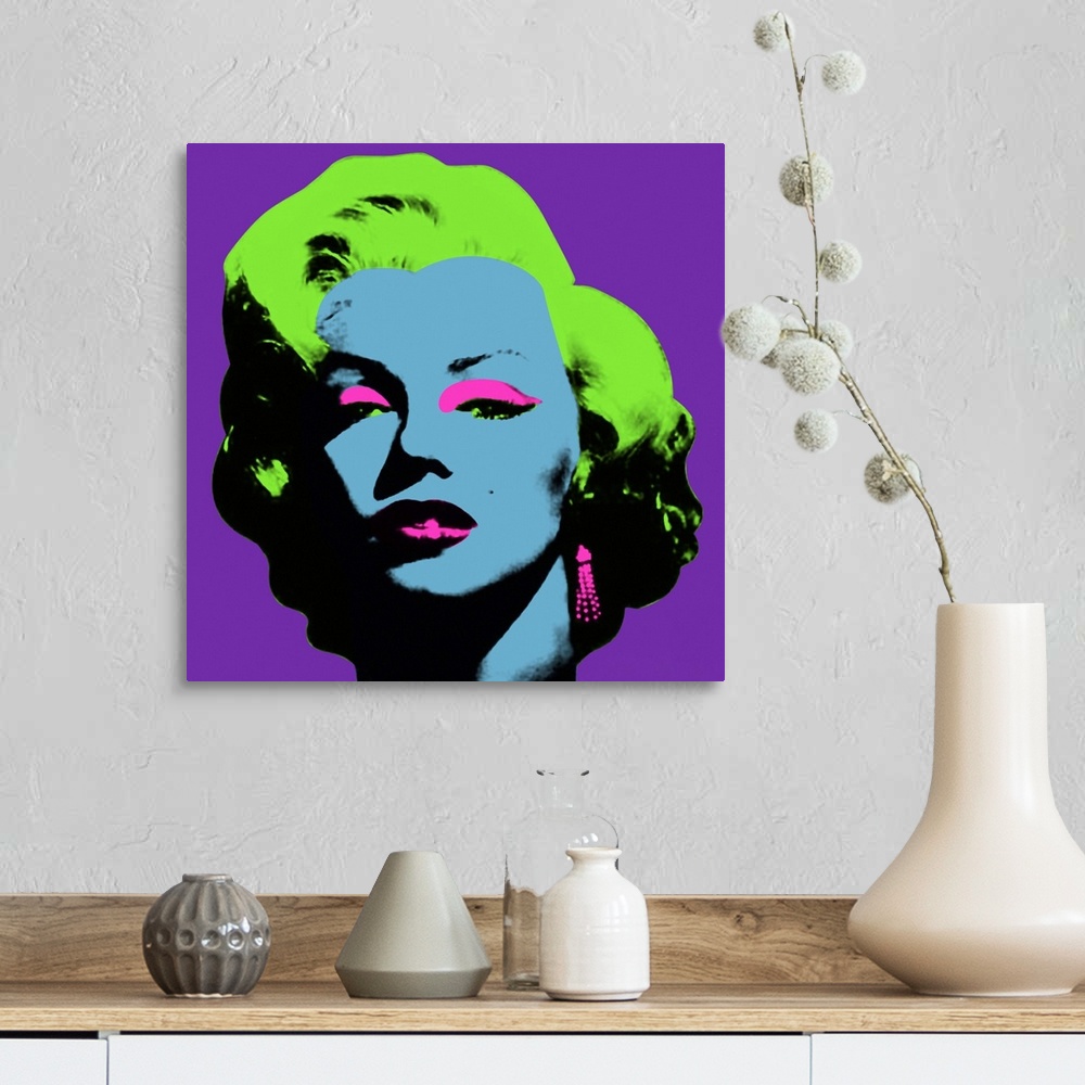 A farmhouse room featuring A picture of Marilyn Monroe is re-created using bright colors for her skin, make up and hair.