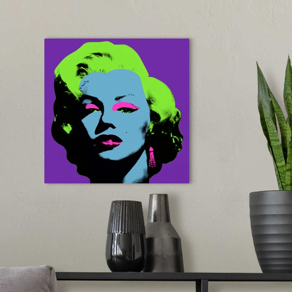 A modern room featuring A picture of Marilyn Monroe is re-created using bright colors for her skin, make up and hair.