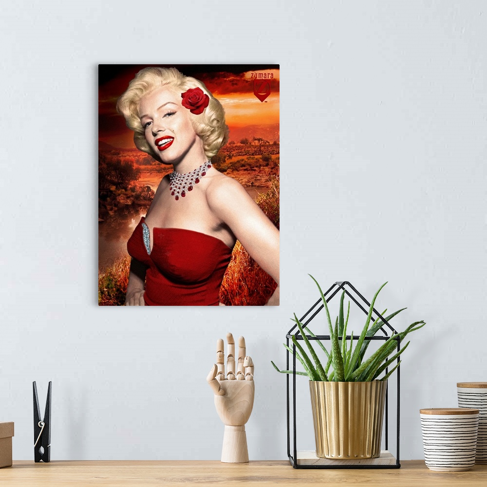 A bohemian room featuring Wall art of Marilyn Monroe in a red dress and flower in her hair posing.