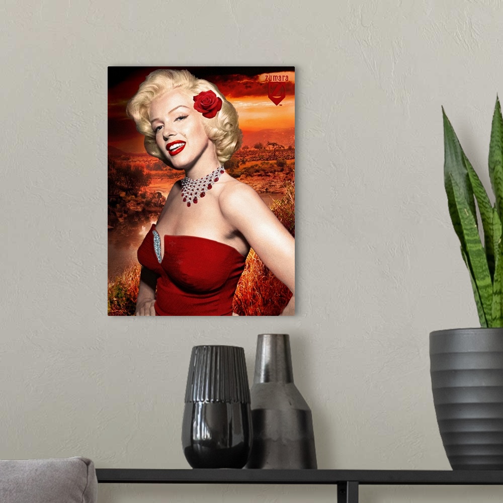 A modern room featuring Wall art of Marilyn Monroe in a red dress and flower in her hair posing.