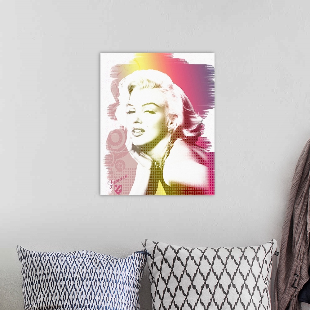 A bohemian room featuring Wall art featuring Hollywood icon Marilyn Monroe against a decorative rainbow background.