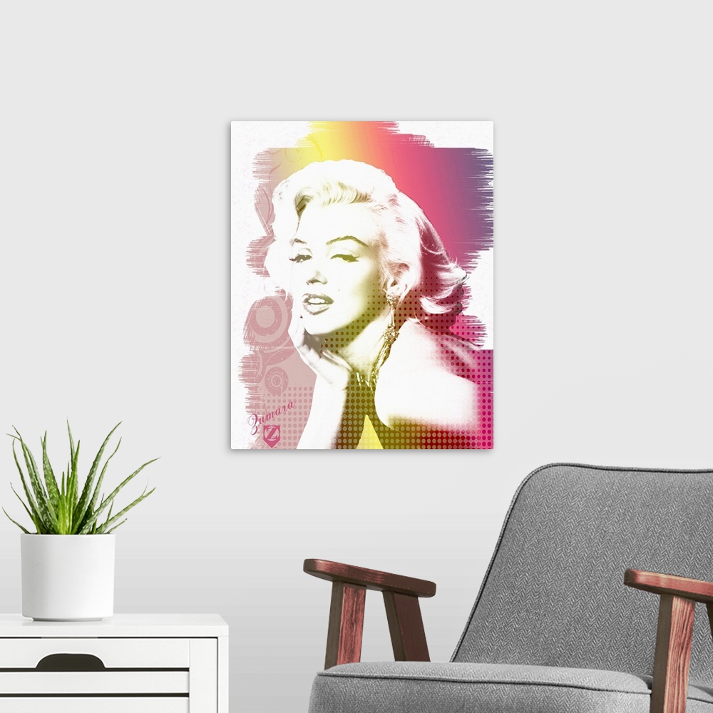 A modern room featuring Wall art featuring Hollywood icon Marilyn Monroe against a decorative rainbow background.