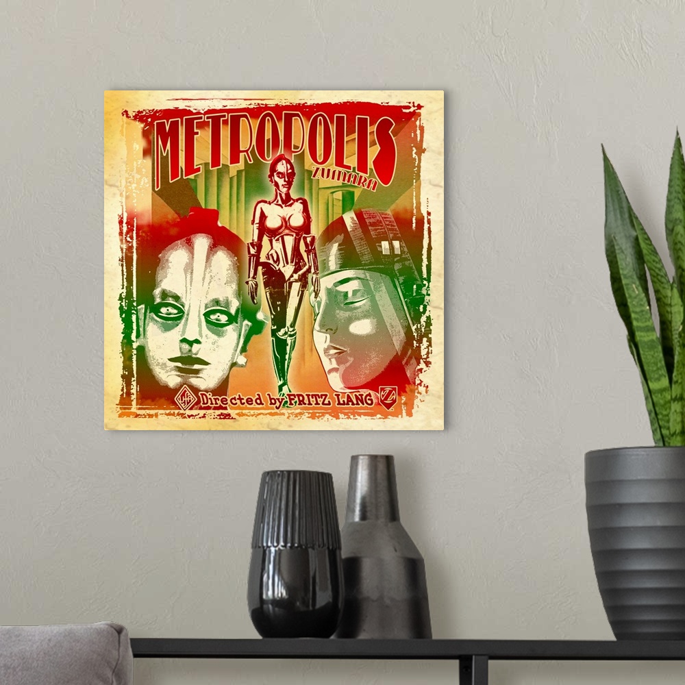 A modern room featuring Metropolis Collage Sci Fi Movie Poster