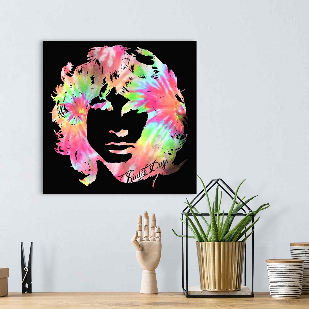 A bohemian room featuring Psychedelic tie-dye silhouette of Jim Morrison's face on a black square background.