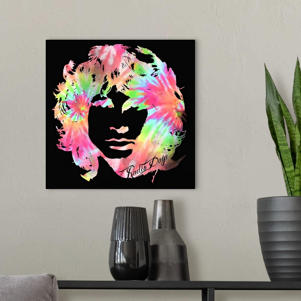 A modern room featuring Psychedelic tie-dye silhouette of Jim Morrison's face on a black square background.
