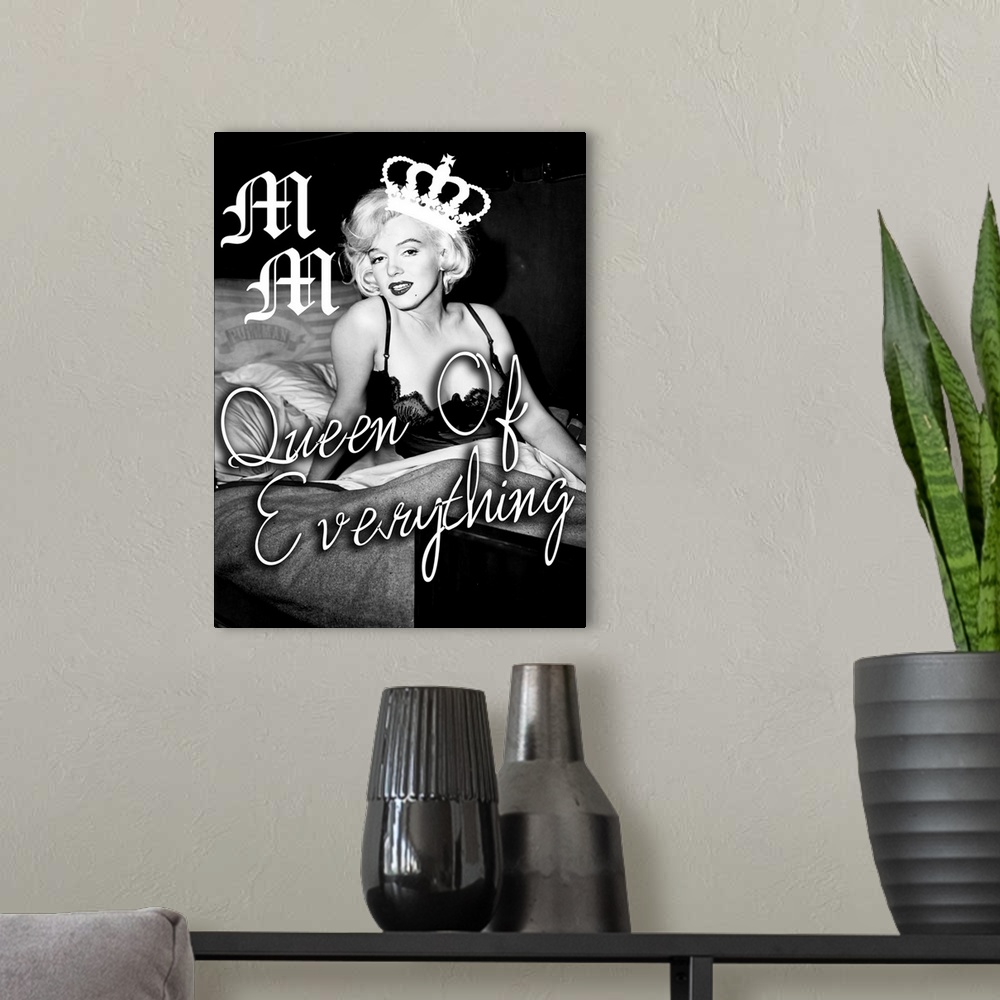 A modern room featuring Black and white photograph of Marilyn Monroe with an illustrated crown placed on the side of her ...