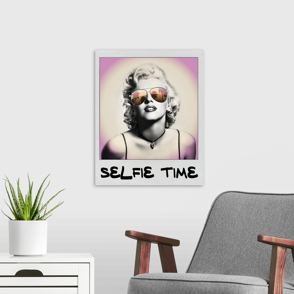 A modern room featuring Marilyn Monroe in a Polaroid pictures wearing sunglasses that are reflecting colorful palm trees,...