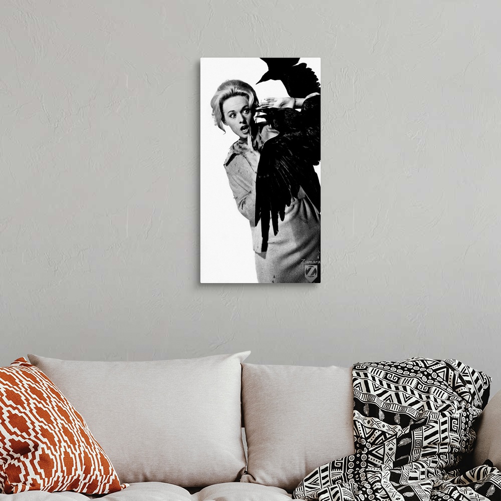 A bohemian room featuring Tippi Hedren B and W Birds 5