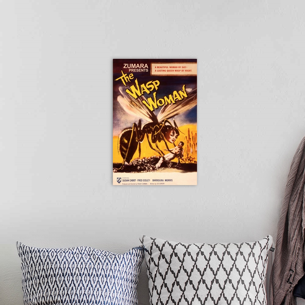 A bohemian room featuring Wasp Woman Sci Fi Movie Poster