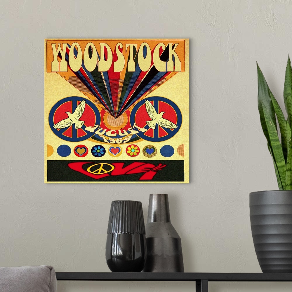 A modern room featuring Woodstock Music Festival poster, August 1969
