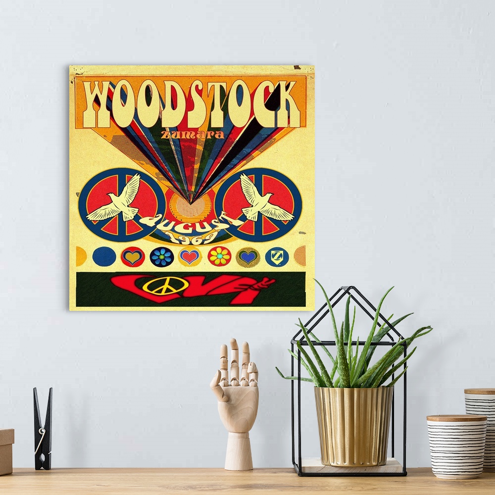 A bohemian room featuring Woodstock Invite Poster