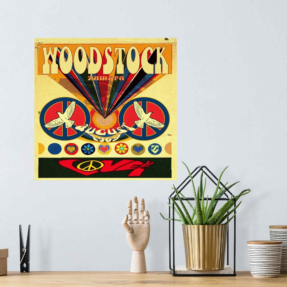 A bohemian room featuring Woodstock Invite Poster