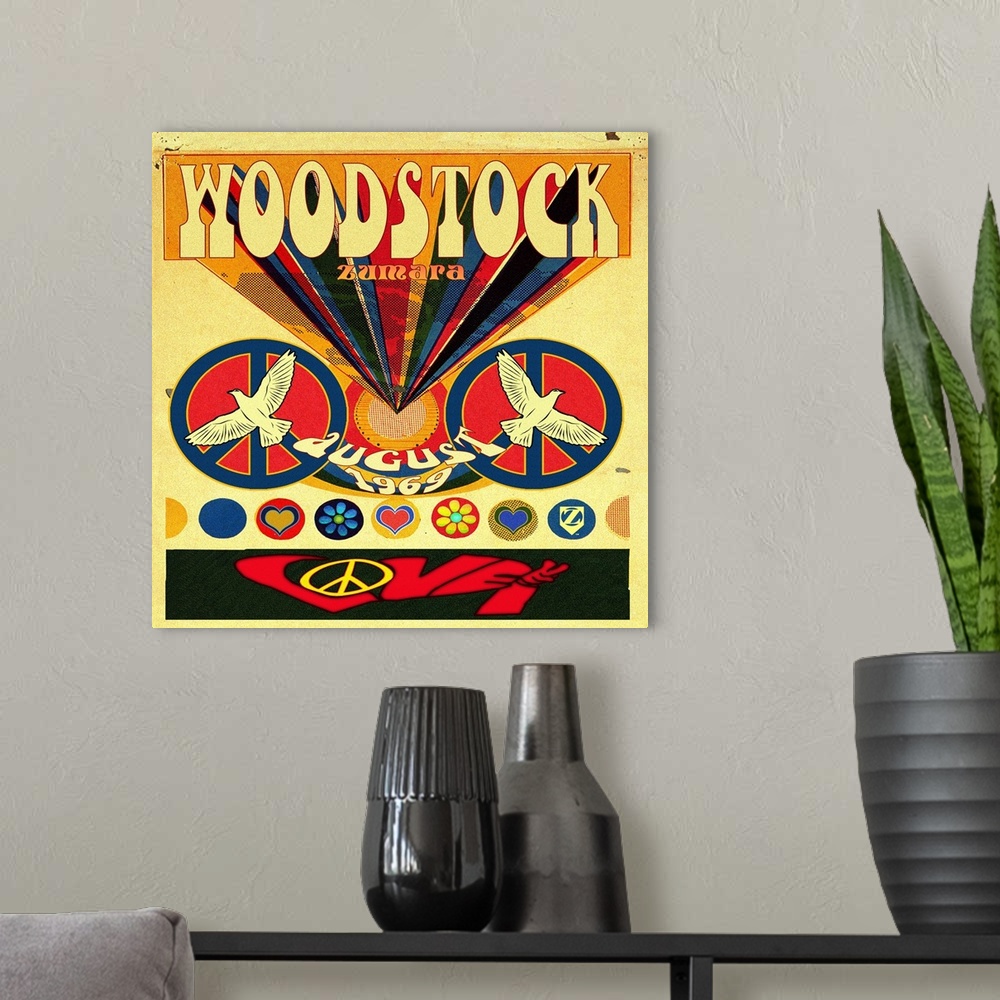 A modern room featuring Woodstock Invite Poster