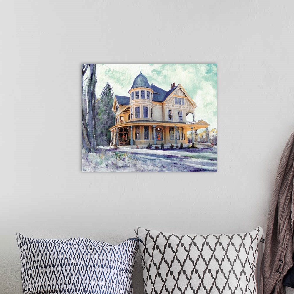 A bohemian room featuring Contemporary painting of a Winter Morning in Connecticut- This Victorian house is in the town of ...
