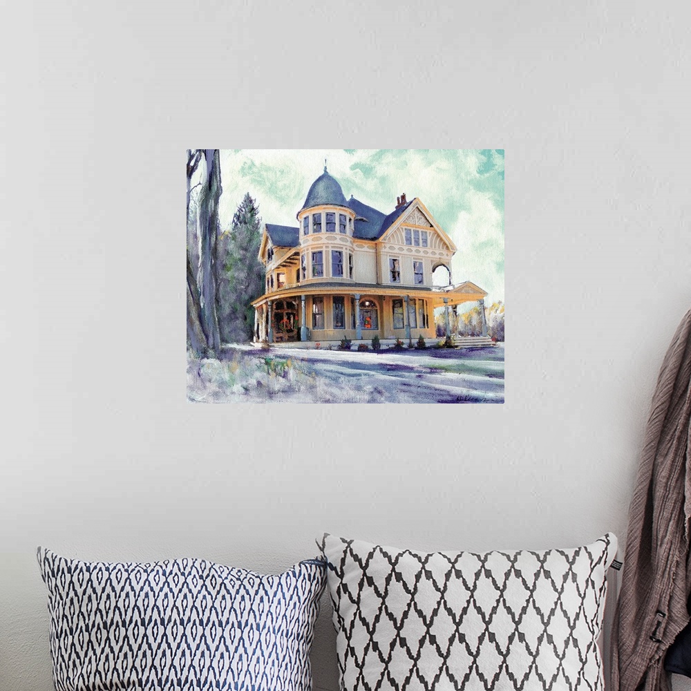 A bohemian room featuring Contemporary painting of a Winter Morning in Connecticut- This Victorian house is in the town of ...