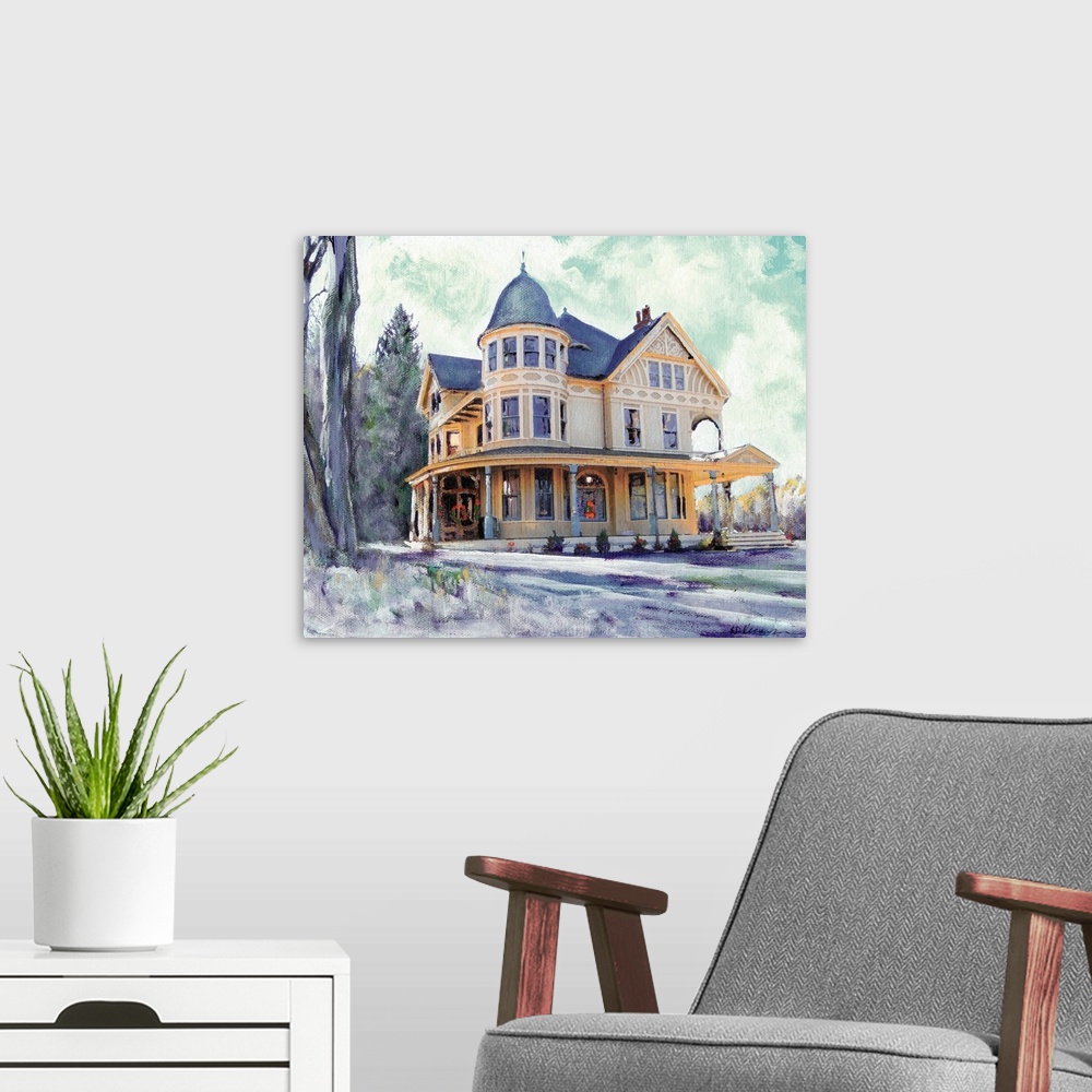 A modern room featuring Contemporary painting of a Winter Morning in Connecticut- This Victorian house is in the town of ...