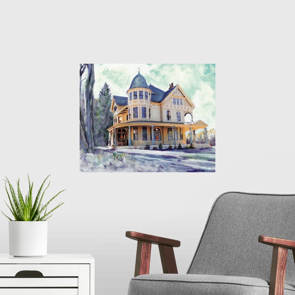 A modern room featuring Contemporary painting of a Winter Morning in Connecticut- This Victorian house is in the town of ...