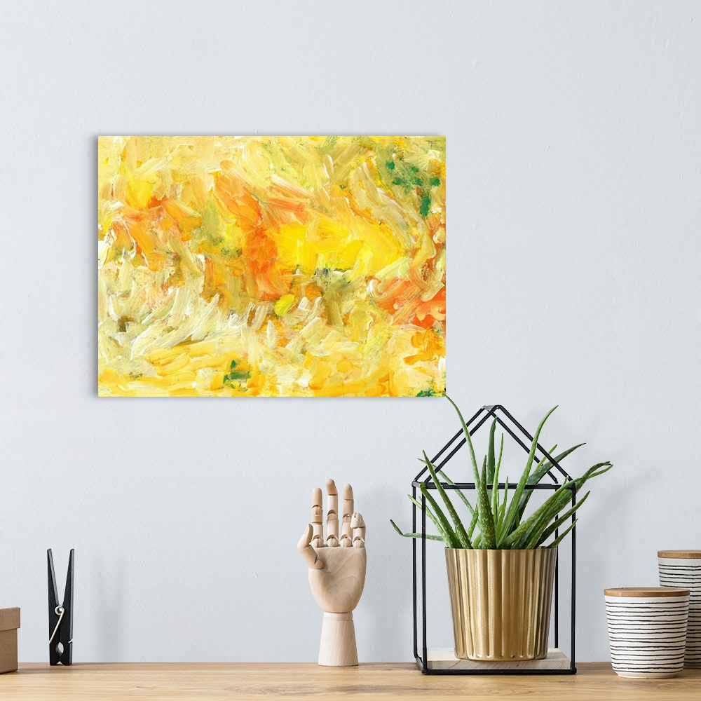 A bohemian room featuring Golden State abstract painting in yellows oranges with green and cream colors.