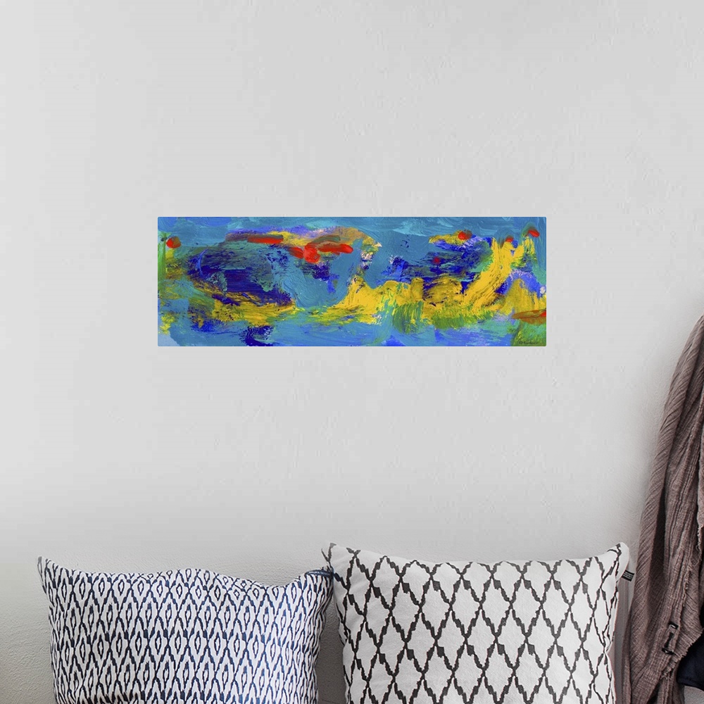 A bohemian room featuring Abstract Blue Carnival Panorama by RD Riccoboni, colors in blue reds orange yellows.