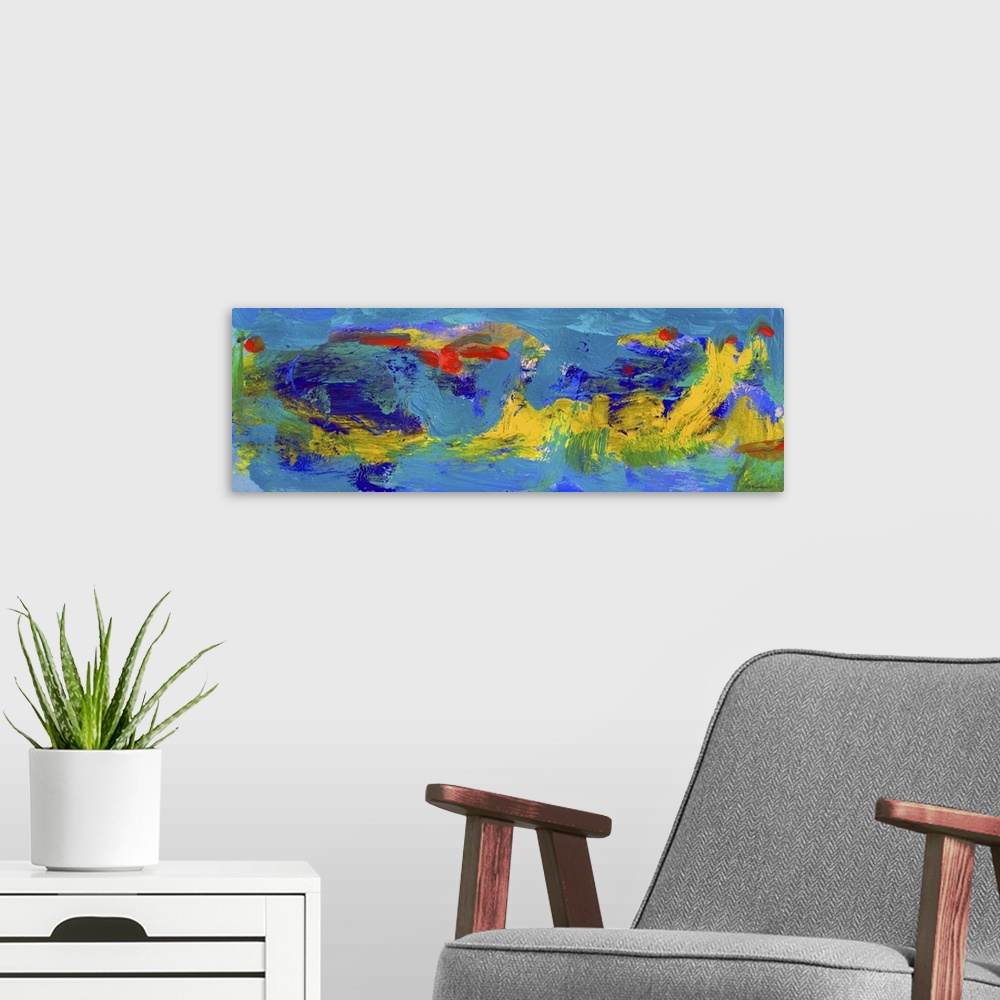 A modern room featuring Abstract Blue Carnival Panorama by RD Riccoboni, colors in blue reds orange yellows.