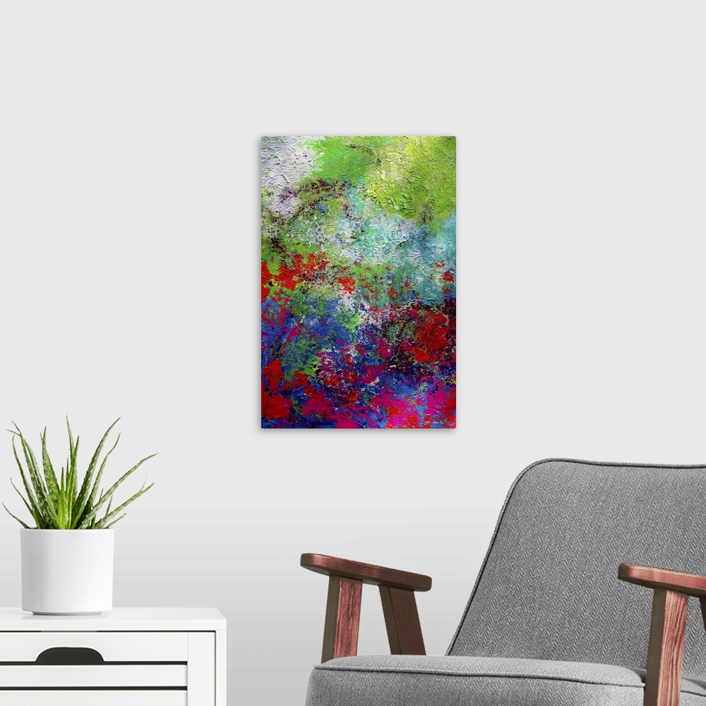 A modern room featuring Summer in the garden in this abstract impressionistic painting by RD Riccoboni.
