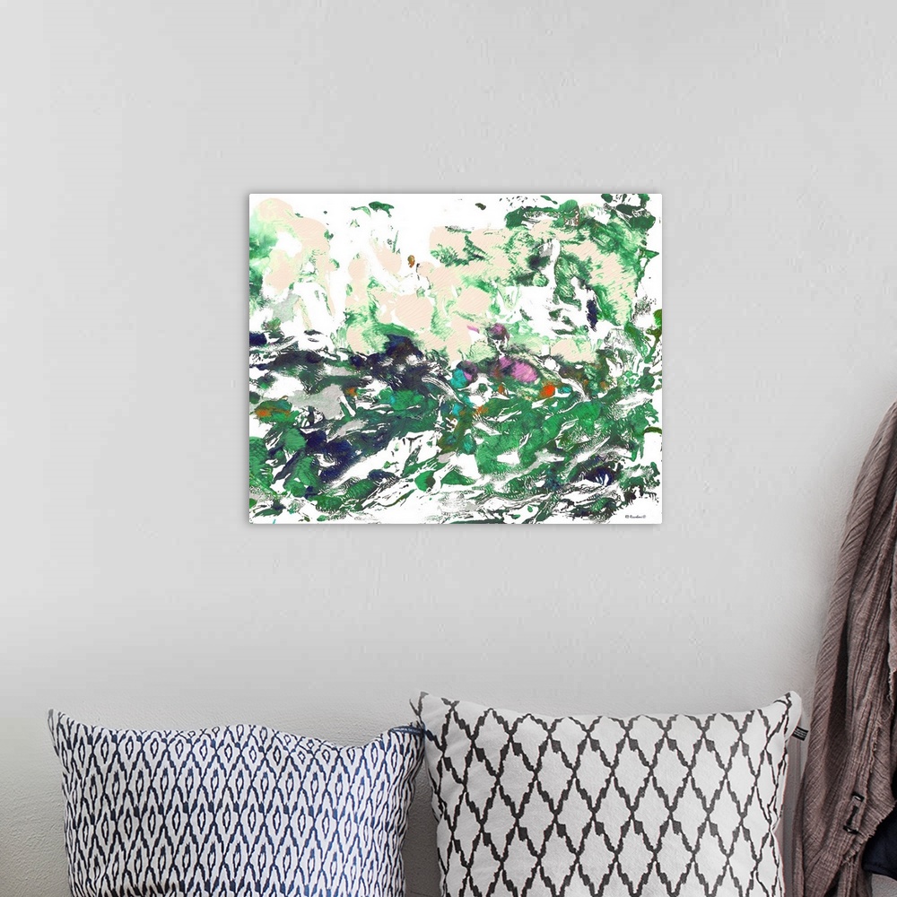 A bohemian room featuring Pink and Green Gardens by RD Riccoboni, an abstract painting.