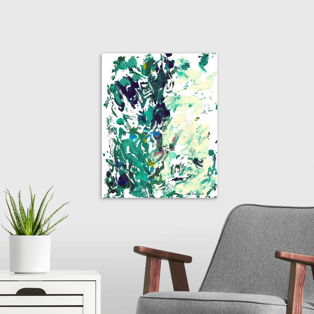 A modern room featuring Abstract Green Duality by Riccoboni.